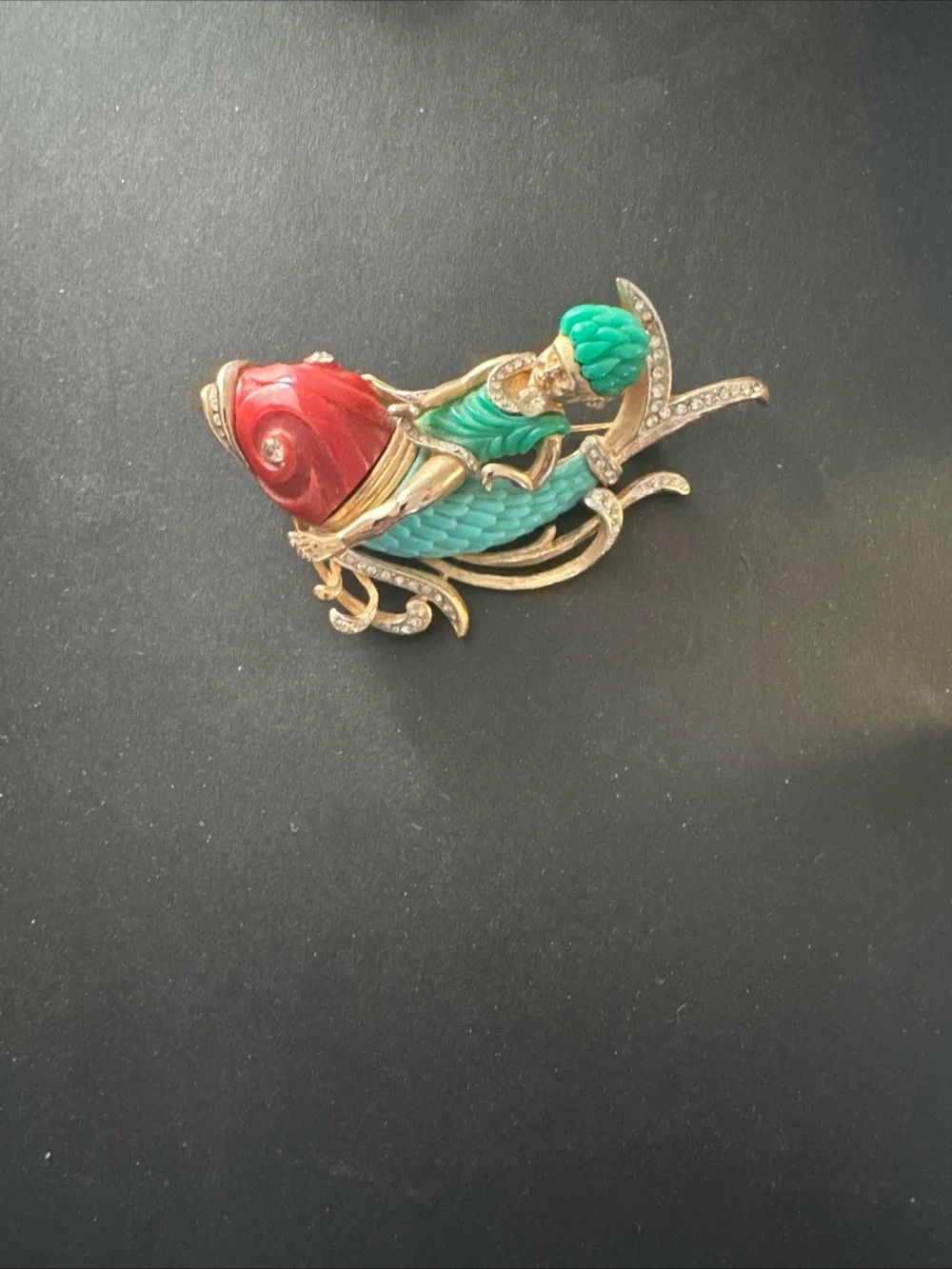 Vintage Unsigned Carnegie Figural Faux Jade Boy Riding Dolphin Fish Brooch Pin